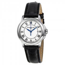 RAYMOND WEIL TRADITION QUARTZ.  STALEN KAST MET LEDEREN BAND EN DUBBEL ZIJDIG ONTSPIEGELD SAFFIERGLAS. - 16177