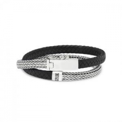 SILK JEWELLERY  DUBBELE ARMBAND ZILVER/LEER ZWART FANTASIE - 39695