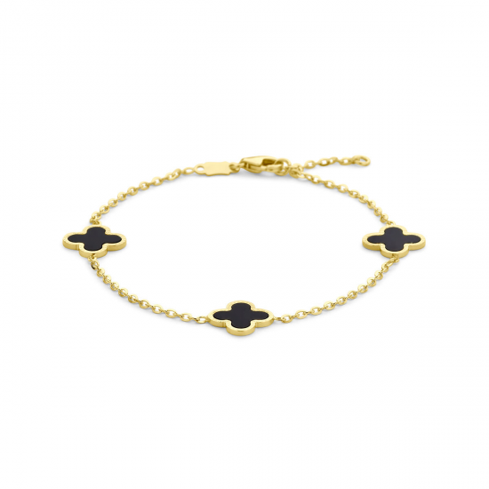 14 karaat geelgouden fantasie armband met klaver 4 en onyx - 39855