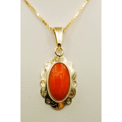 14 karaat geelgouden occasion hanger met bloedkoraal - 41584